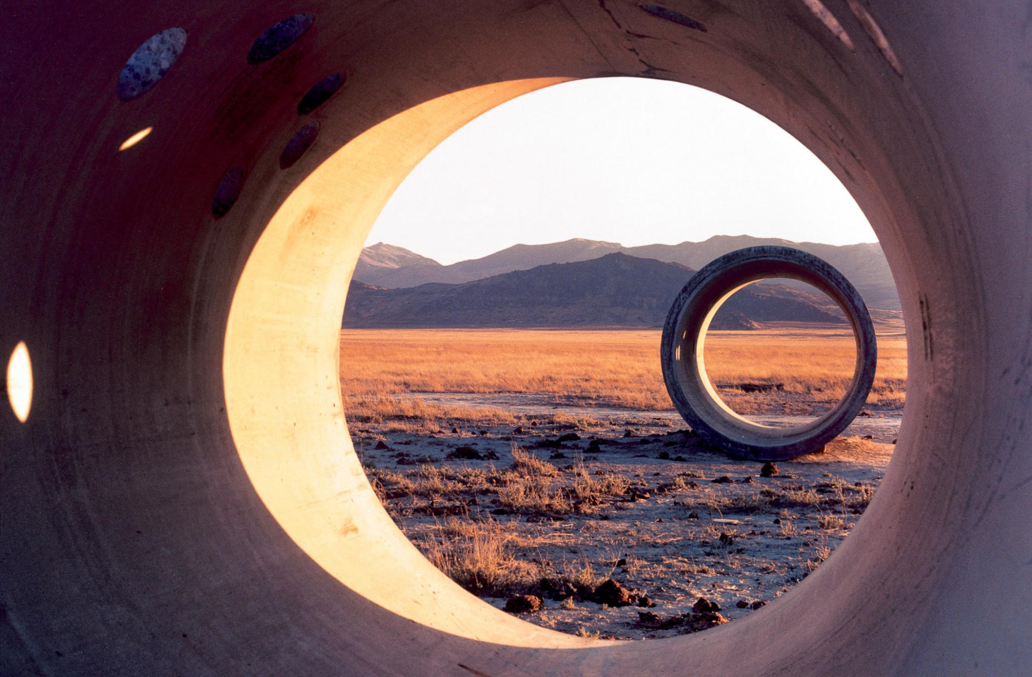 A detail of two of the Sun Tunnels in warm daylight.
